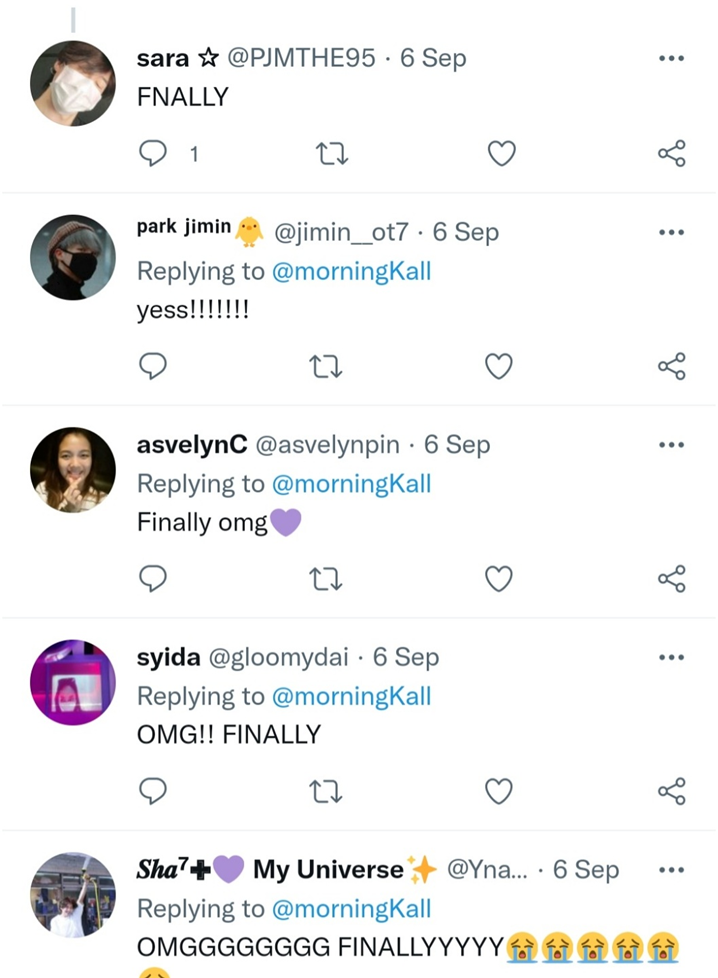 <팝업스토어 재개 소식에 대한 팬들의 반응 - 출처: 모닝콜 공식 트위터(@morningKall>